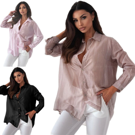 Damen elegante langärmlige Bluse mit feiner Struktur EB