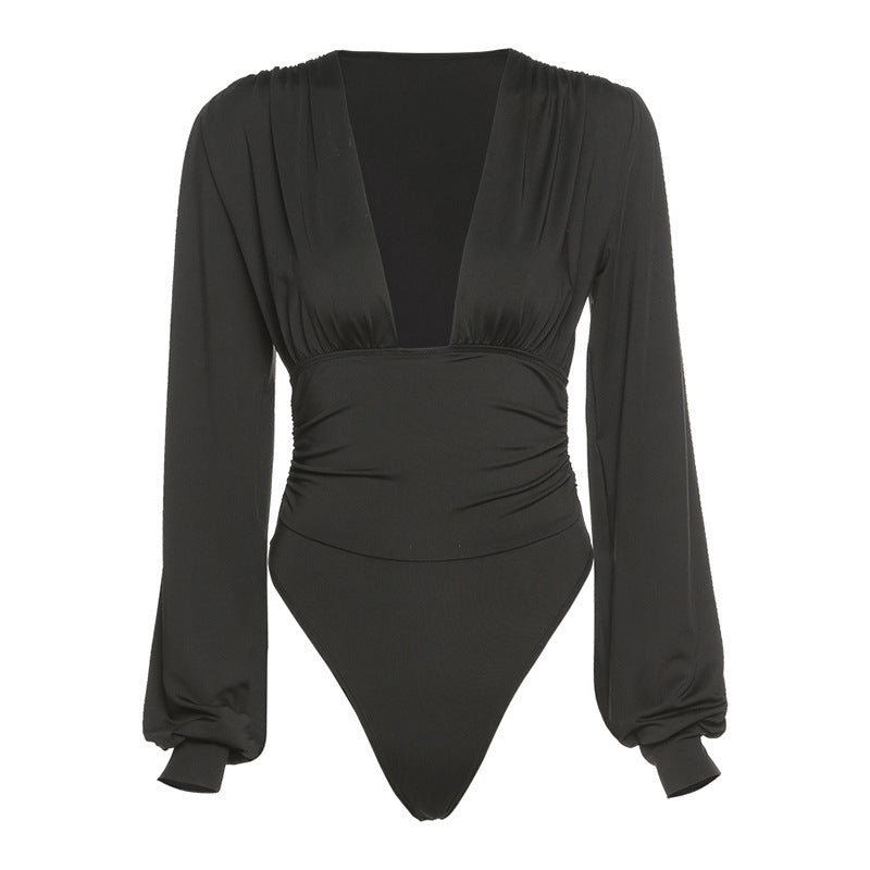 Damen Eleganter Langarm-Bodysuit mit V-Ausschnitt EB