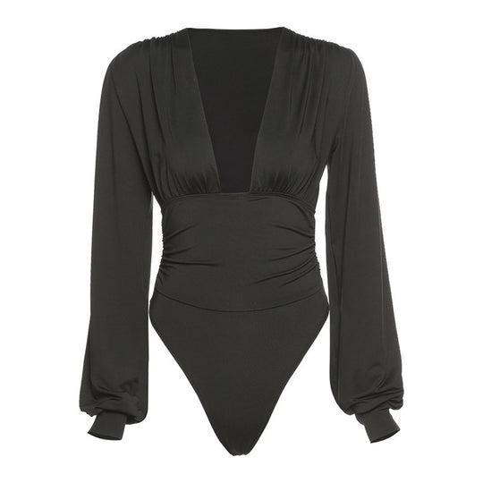 Damen Eleganter Langarm-Bodysuit mit V-Ausschnitt EB