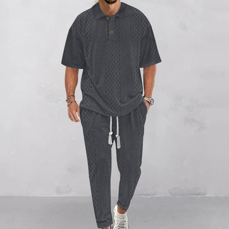 Herren nan Jacquard-Loungewear-Set mit Polokragen Kordelzugbund und konisch geschnittener Jogginghose EB