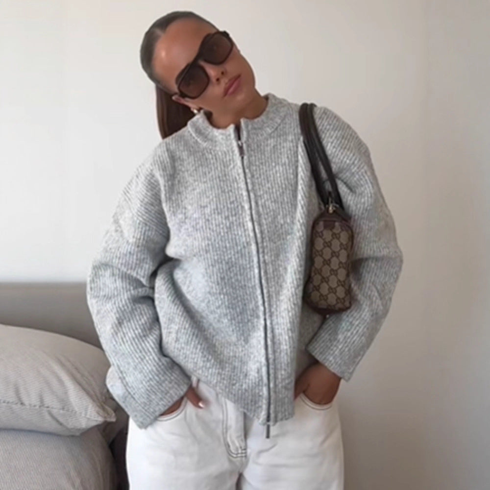Damen kuschelige Strickjacke mit hohem Kragen und Reißverschluss EB