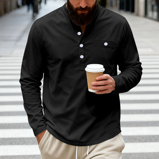Herren nan langärmeliges Henley-Shirt mit Stehkragen, Brusttasche und dekorativer Knopfleiste EB