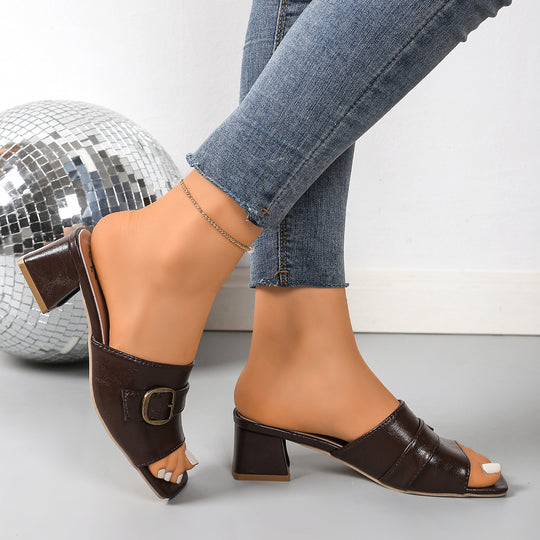 Damen offene Mules mit eleganter Schnallenverzierung und komfortablem Blockabsatz EB