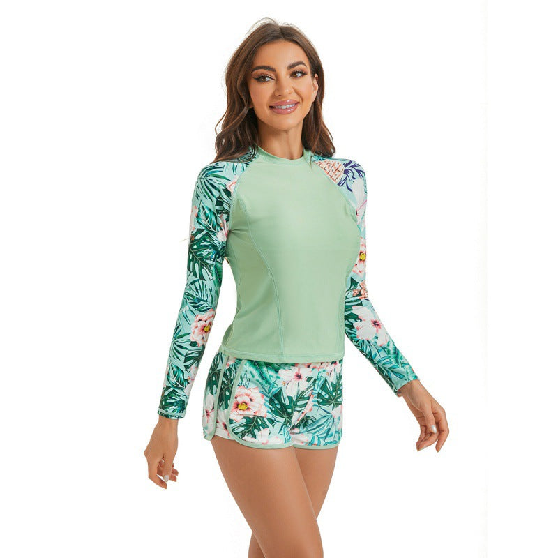Damen Surfanzug-Set mit langärmeliger Oberteil und modischem Blumenmuster EB