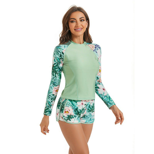 Damen Surfanzug-Set mit langärmeliger Oberteil und modischem Blumenmuster EB