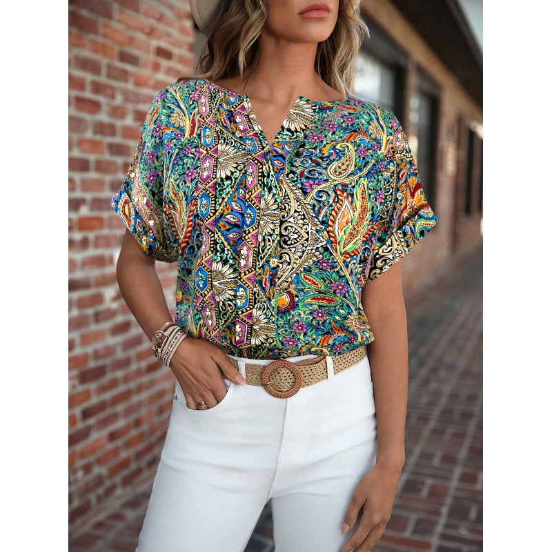 Damen Kurzarm Bluse mit buntem Druck und V-Ausschnitt EB