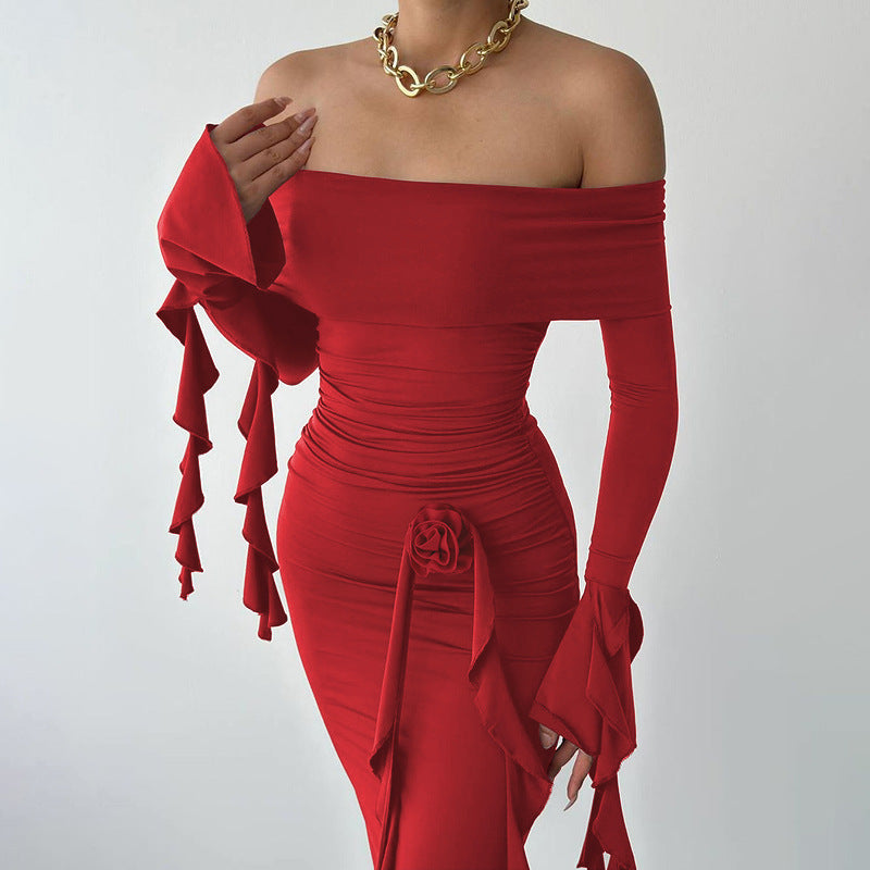 Damen Elegantes Off-Shoulder Maxikleid mit Rüschendetails und figurbetonter Silhouette EB