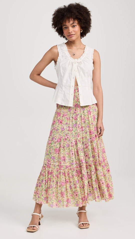 Damen Maxikleid mit floralem Rüschendesign und elastischem Oberteil EB