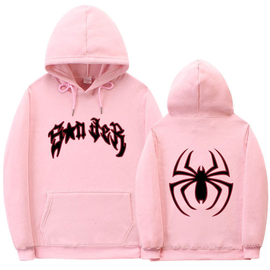 Damen Kapuzenpullover mit auffälligem Spinnenmotiv und grobem Schriftzug EB