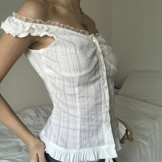 Damen Off-Shoulder Bluse mit Rüschensaum EB