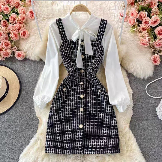 EB | Satz mit Latzkleid Tweed A-Linie Bluse mit Schleife und Puffärmeln