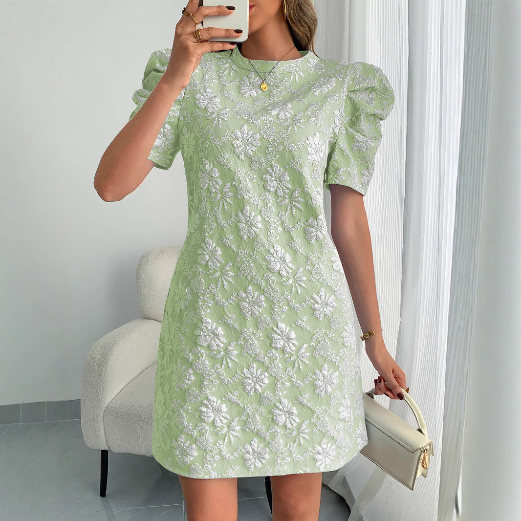 Damen Mini-Kleid mit Puffärmeln und floralem Stickdesign EB