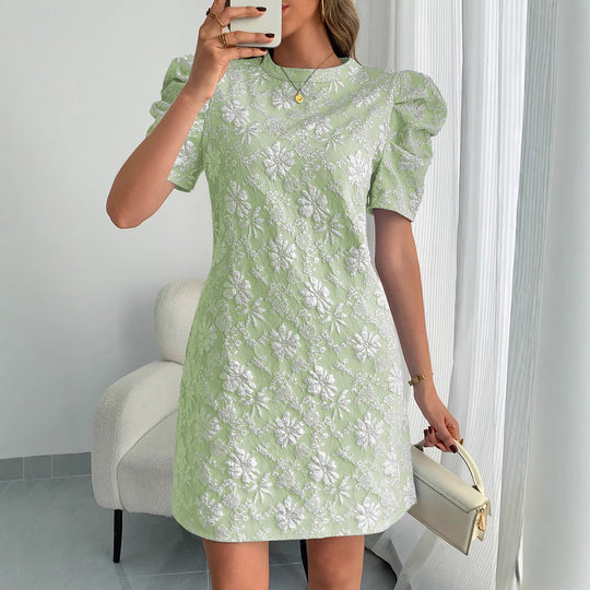 Damen Mini-Kleid mit Puffärmeln und floralem Stickdesign EB