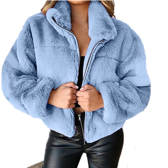Damen nan kurze kuschelige Kunstpelzjacke mit Stehkragen und Reißverschluss EB