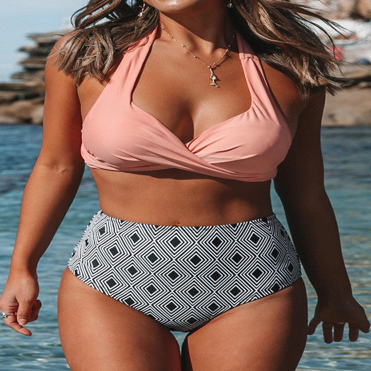 Damen High-Waist Bikini-Set mit elegantem Wickeldesign und modischem geometrischem Muster EB