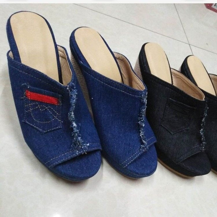Damen Wedge-Pantoletten mit modischem Jeans-Design EB