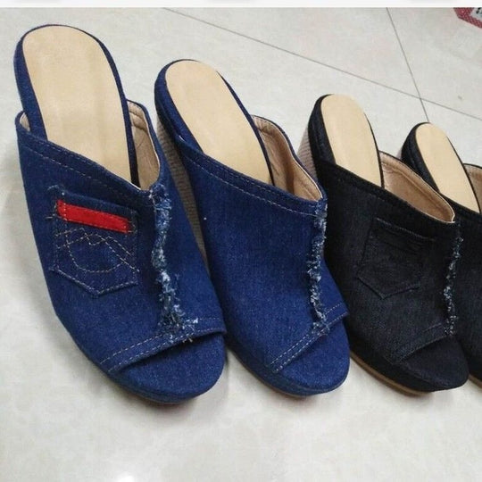 Damen Wedge-Pantoletten mit modischem Jeans-Design EB