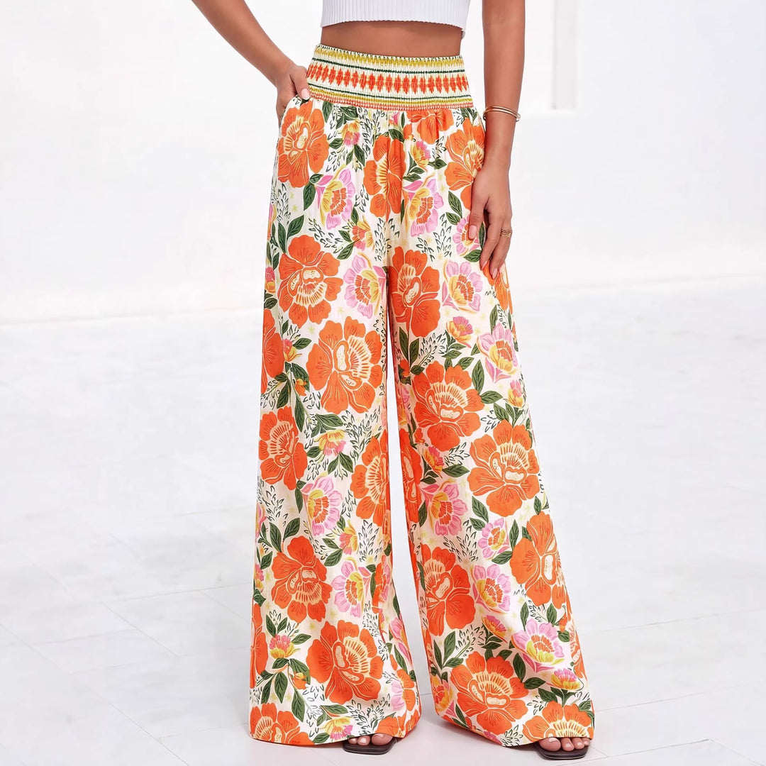 Damen luftige Palazzo-Hose mit floralen Mustern und elastischem Bund EB