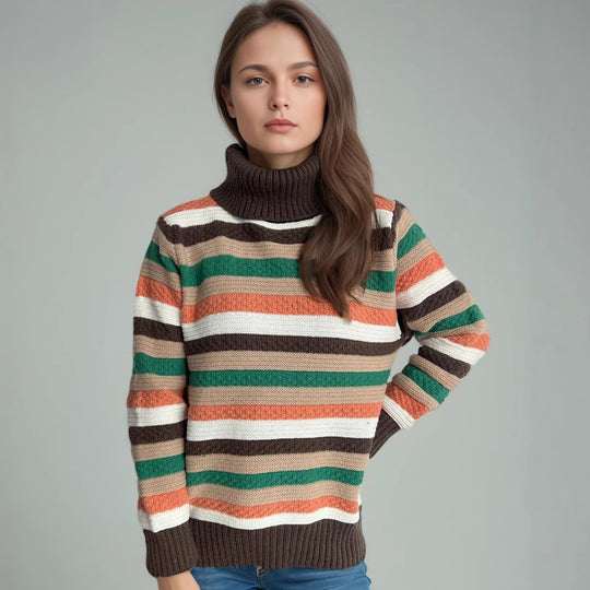 Damen Rollkragenpullover mit farbenfrohen Streifen und hochwertiger Strickqualität EB