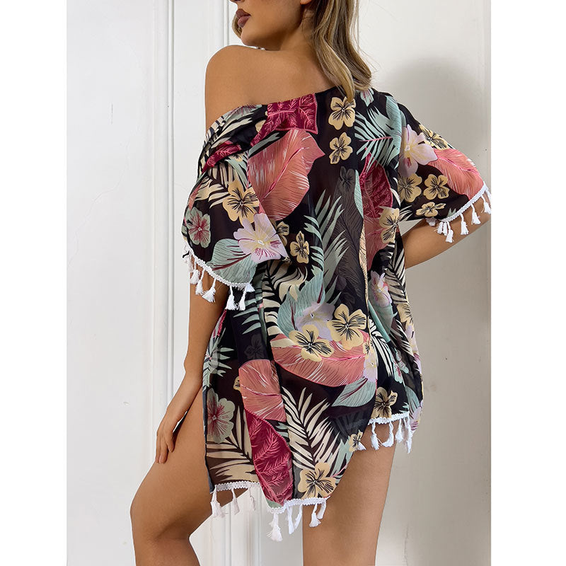 Damen Strandmode Set mit floralem Kimono und passendem Bikini EB