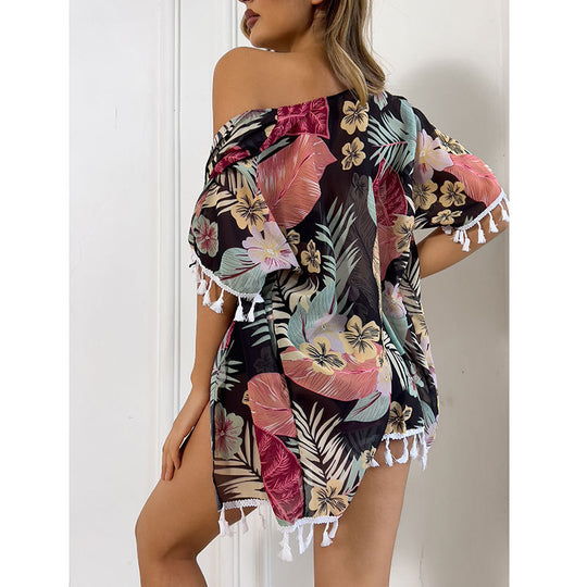 Damen Strandmode Set mit floralem Kimono und passendem Bikini EB