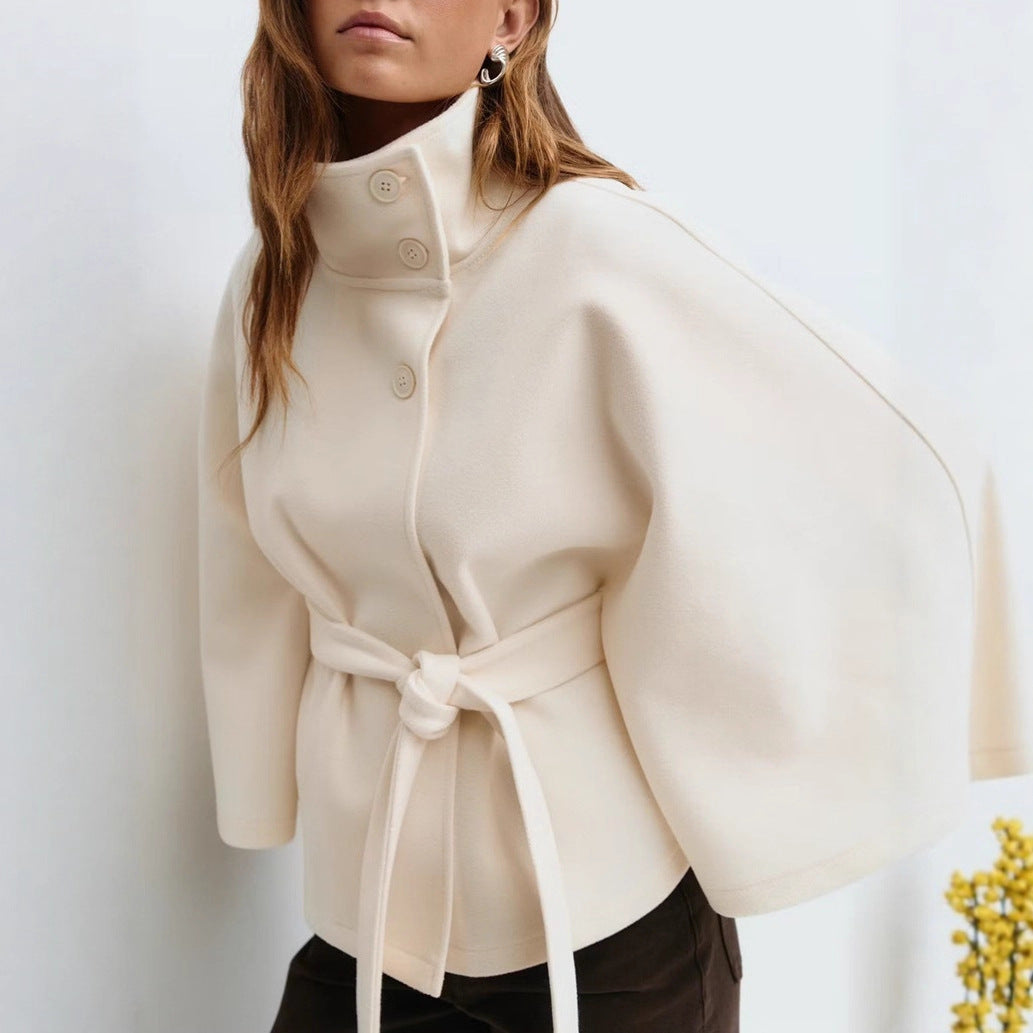Damen nan kastiges Kurzcape Mantel mit Stehkragen und Bindegürtel EB