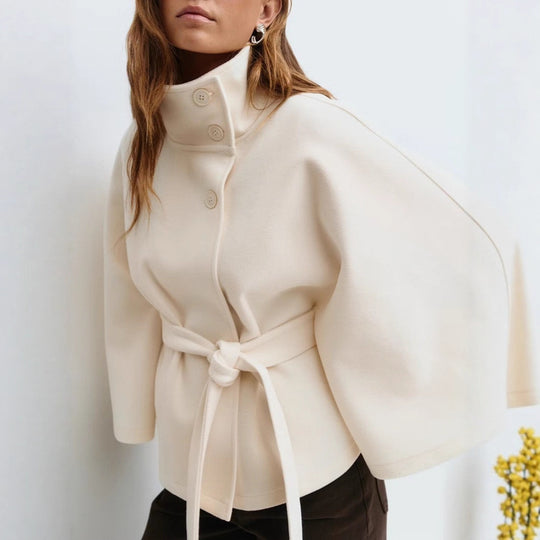 Damen nan kastiges Kurzcape Mantel mit Stehkragen und Bindegürtel EB