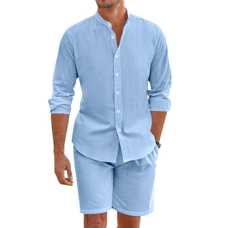 Herren lässiges Outfit-Set mit modernem Henley-Hemd und Shorts EB
