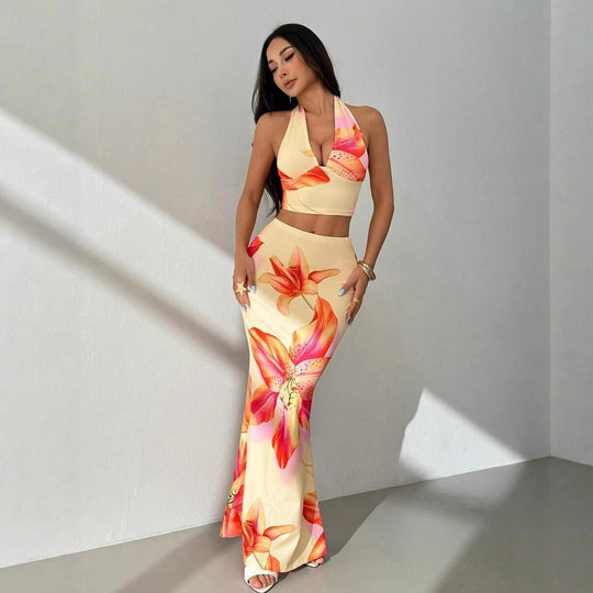 Damen Zweiteiliges Sommeroutfit mit floralem Design und elegantem V-Ausschnitt EB