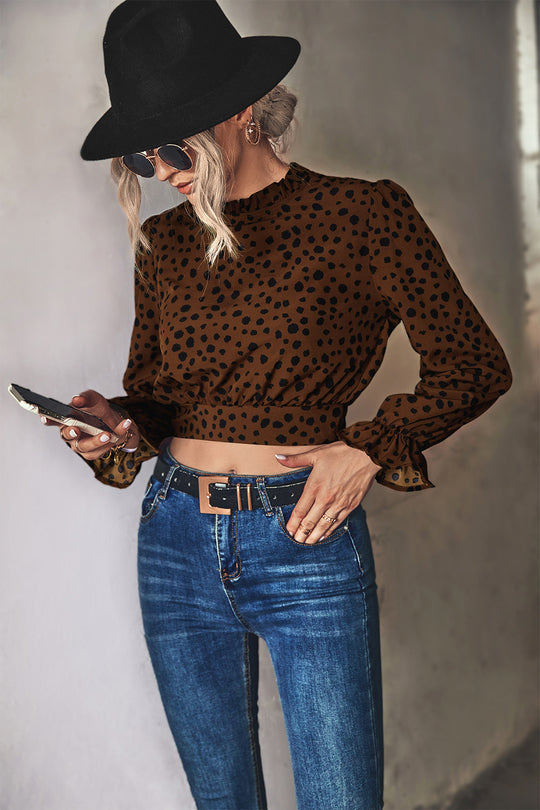 Damen Stehkragen-Blusenshirt mit Volantärmeln und Leopardenmuster EB