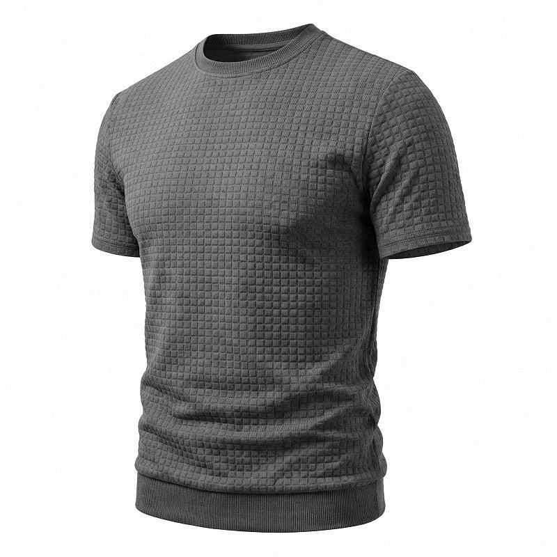 Herren nan kurzärmeliges Strickshirt mit geprägter Karostruktur, Rundhalsausschnitt und geripptem Saum EB