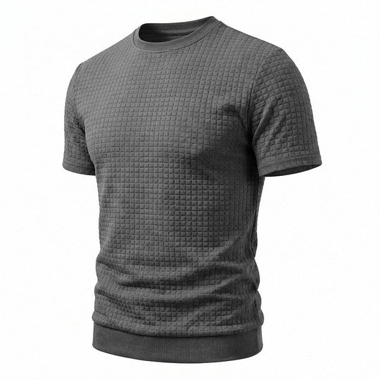 Herren nan kurzärmeliges Strickshirt mit geprägter Karostruktur, Rundhalsausschnitt und geripptem Saum EB