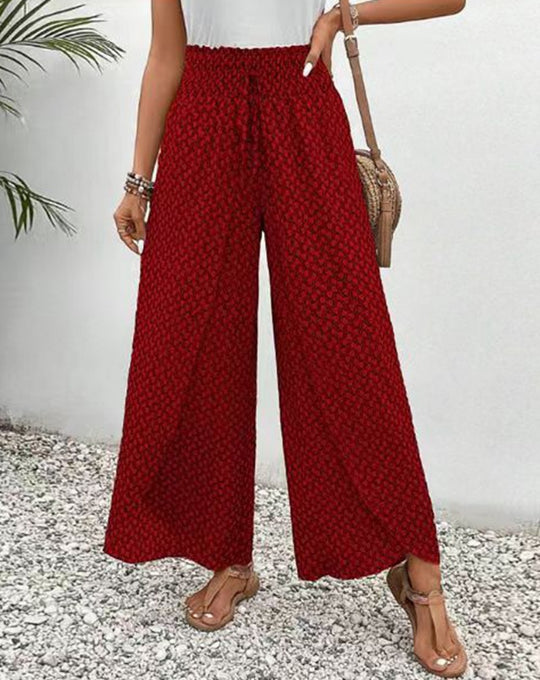 Damen nan weite Sommer-Palazzohose mit gerafftem Komfortbund, fließender Beinweite und geometrischem Allovermuster EB