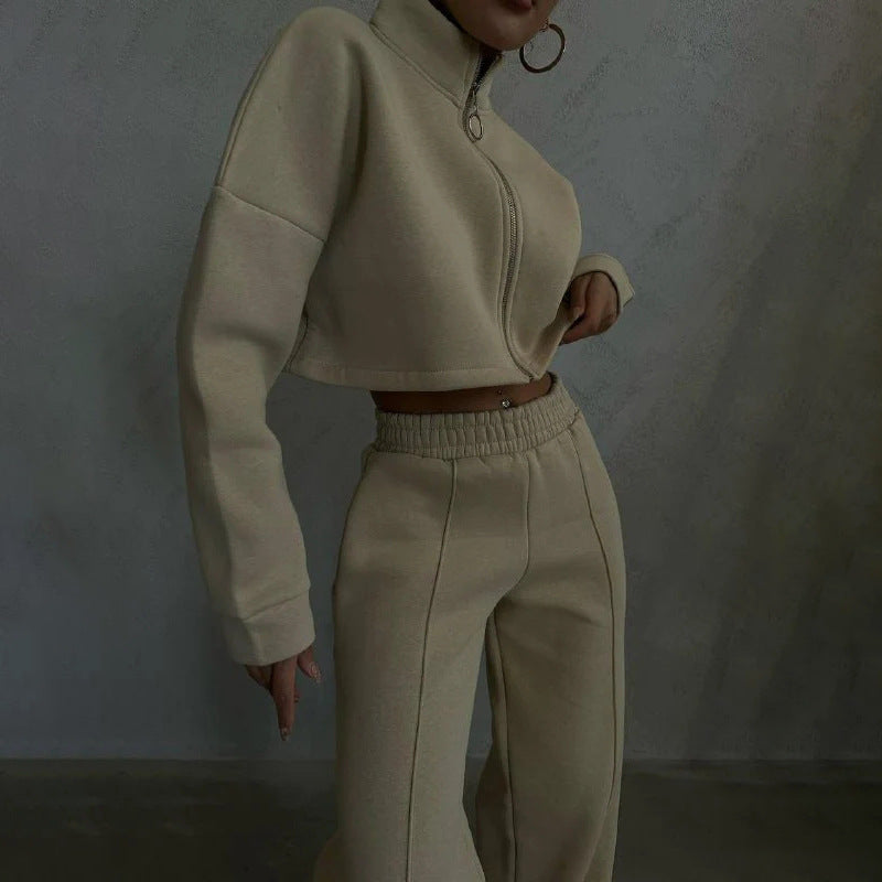 Damen nan kurzes Reißverschluss-Crop-Sweatshirt mit Stehkragen und hochtaillierter Jogginghose Set EB