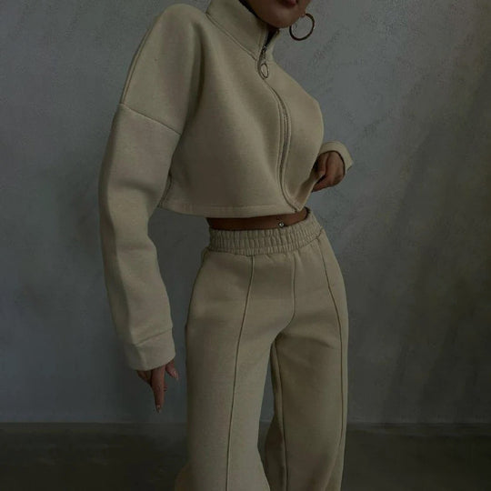 Damen nan kurzes Reißverschluss-Crop-Sweatshirt mit Stehkragen und hochtaillierter Jogginghose Set EB