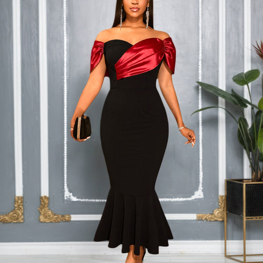 Damen elegantes schulterfreies Maxikleid mit voluminösen Rüschen EB