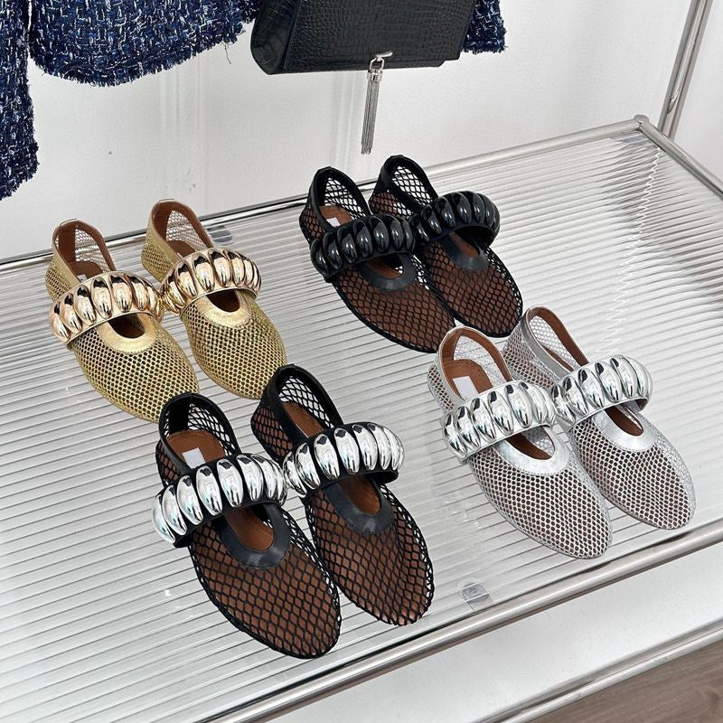 Damen Ballerinas mit glitzerndem Riemen und luftiger Netzoberfläche EB