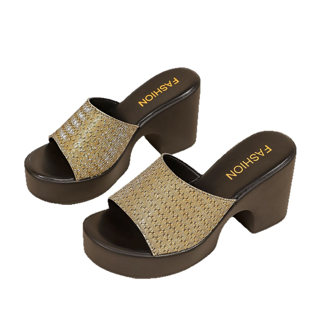 Damen Glamouröse Plateau-Sandalen mit glitzerndem Riemen und komfortablem Blockabsatz EB