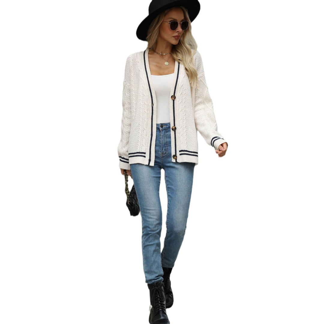 Damen Strickjacke mit Zopfdetails und Kontraststreifen EB