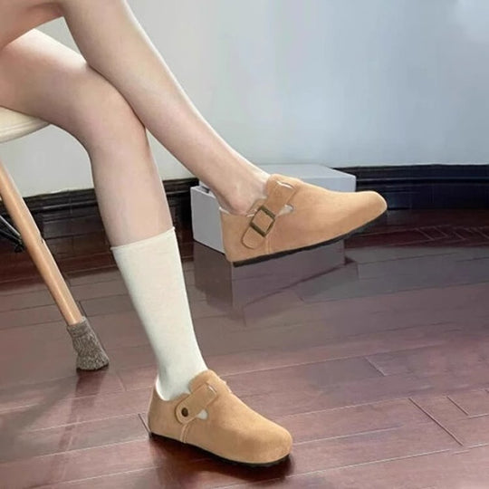 Damen bequeme Filzclogs mit weichem Kunstfellfutter und modischem Schnallenverschluss EB