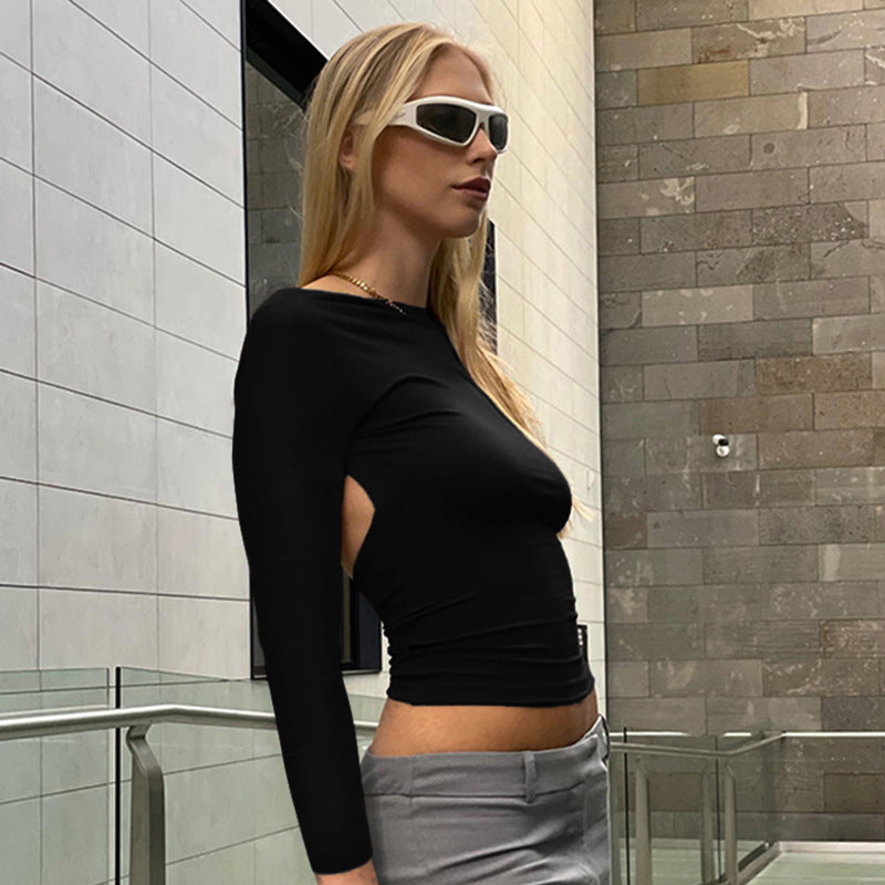 Damen figurbetontes Longsleeve-Oberteil mit offenem Rücken und elegantem Design EB