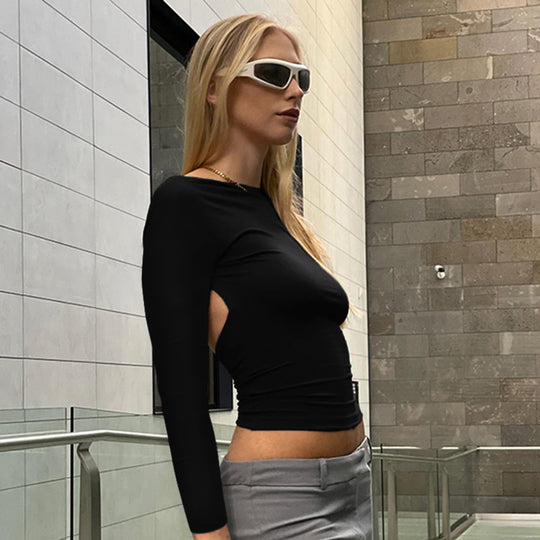 Damen figurbetontes Longsleeve-Oberteil mit offenem Rücken und elegantem Design EB