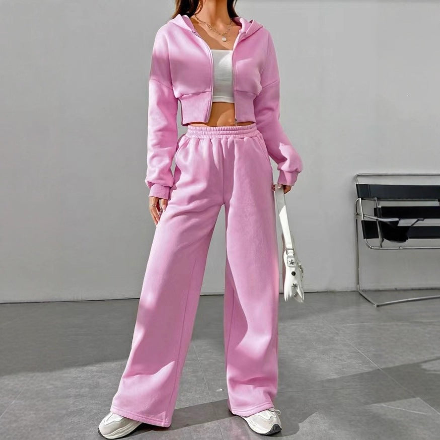 Damen nan kurzes Kapuzen-Sweatshirt mit Reißverschluss und weite High-Waist Jogginghose EB