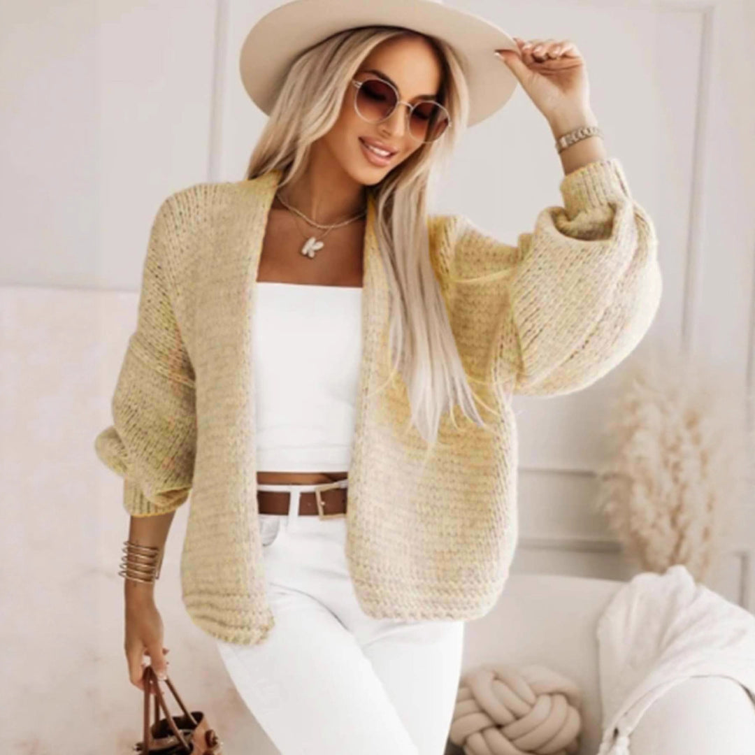 Damen stylische Strickjacke mit voluminösen Ärmeln und offenem Schnitt EB