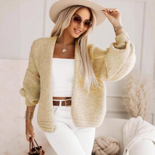 Damen stylische Strickjacke mit voluminösen Ärmeln und offenem Schnitt EB