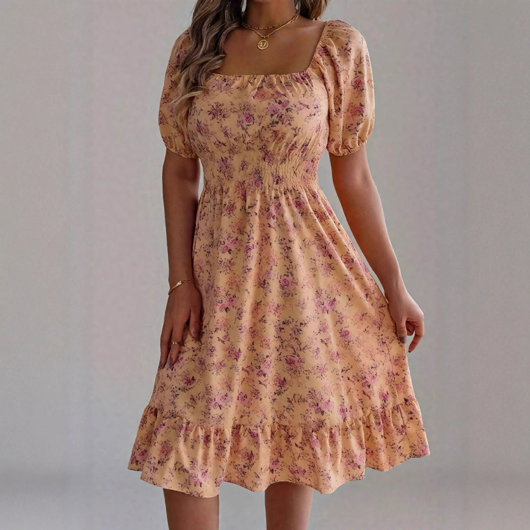 Damen sommerliches Blumenkleid mit Puffärmeln und Rüschensaum EB