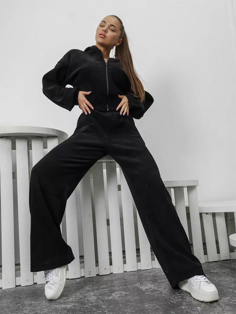Damen Velours-Loungewear-Set mit kurzem Reißverschluss-Hoodie und weiter hochgeschnittener Palazzohose EB