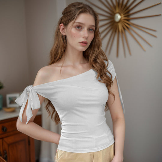 Damen Off-Shoulder Oberteil mit lässiger Schnittführung und dekorativem Knoten EB