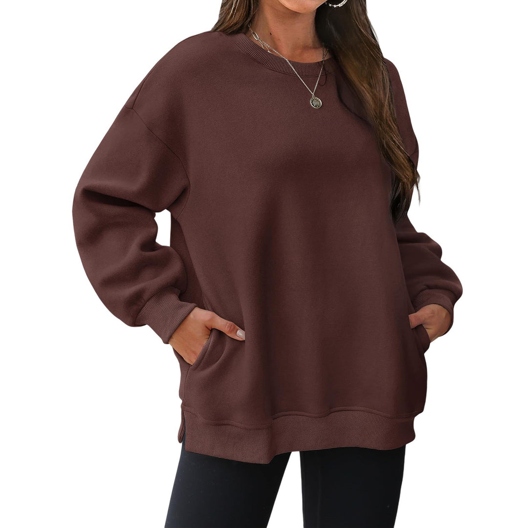 Damen nan verlängertes Oversize Rundhalspullover mit seitlichen Eingrifftaschen, Rippbündchen und überschnittener Schulter EB