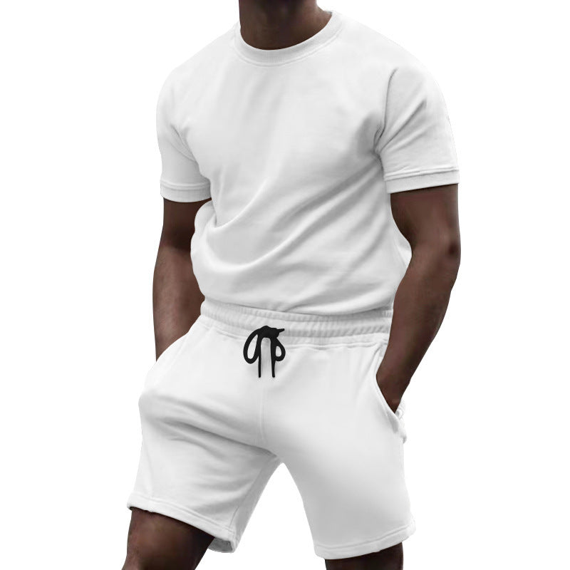 Herren nan kurzärmeliges Sweat-Set aus weichem Sweatstoff mit Rundhalsshirt und Kordelzug-Shorts EB